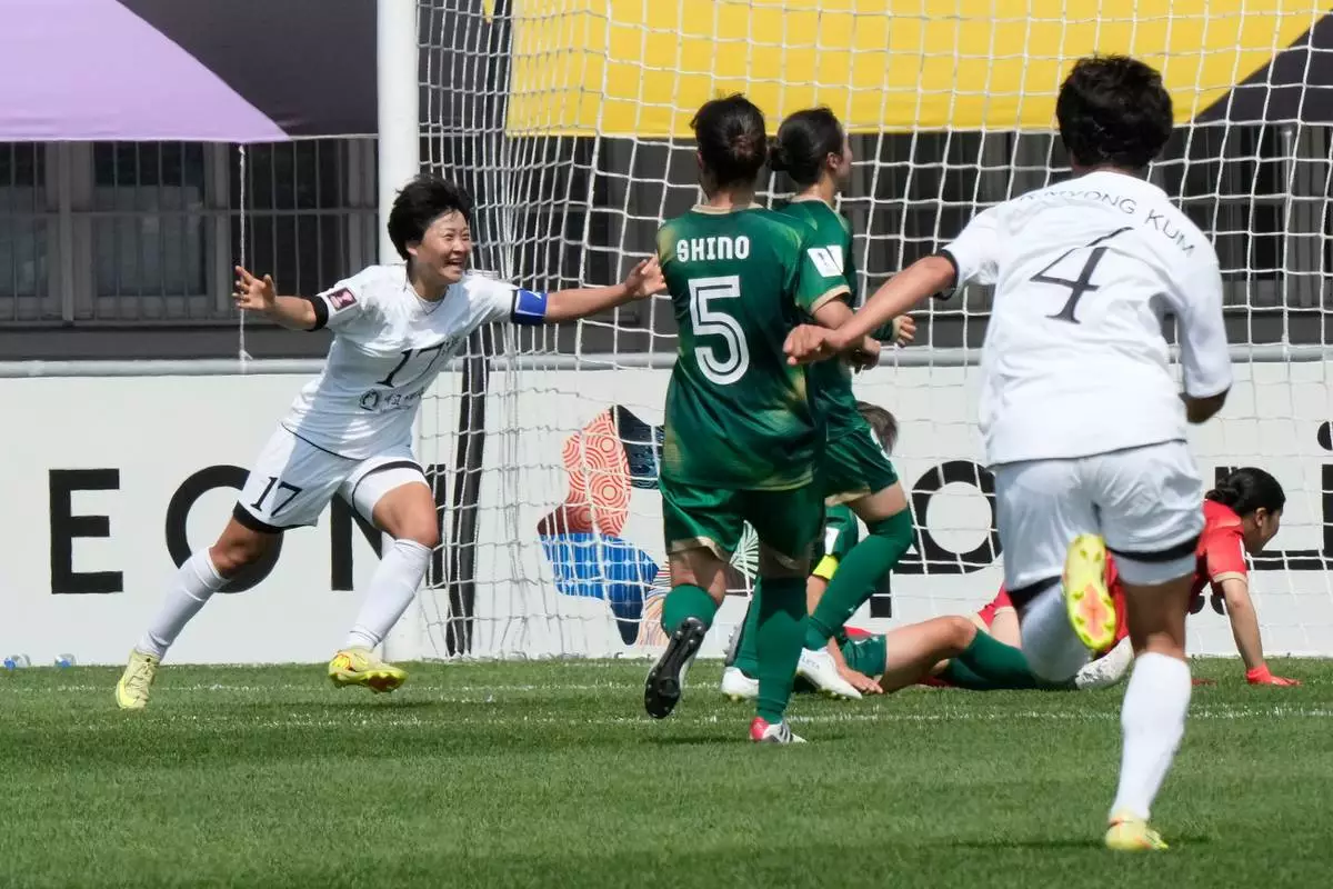 Naegohyang Women's FC's Kim Kyong Yong, left, celebrates after scoring against Tokyo Verdy Beleza during the AFC Women's Champions League soccer final match in Suwon, South Korea, Saturday, May 23, 2026. (AP Photo/Ahn Young-joon)
