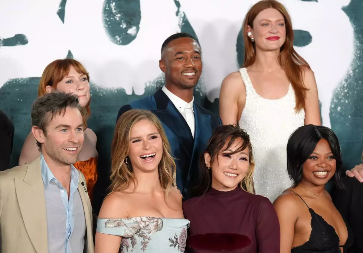 From left, cast members Chace Crawford, Valorie Curry, Erin Moriarty, Jessie T. Usher, Karen Fukuhara, Colby Minifie and Susan Heyward pose together at the premiere of the series finale of the fifth season of the Amazon Prime Video series "The Boys" on Tuesday, May 19, 2026, in Los Angeles. (AP Photo/Chris Pizzello)