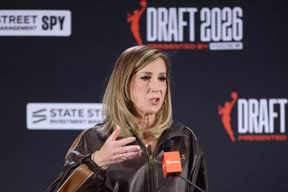 FILE - WNBA commissioner Cathy Engelbert speaks before the WNBA basketball draft, on April 13, 2026, in New York. (AP Photo/Pamela Smith, File)