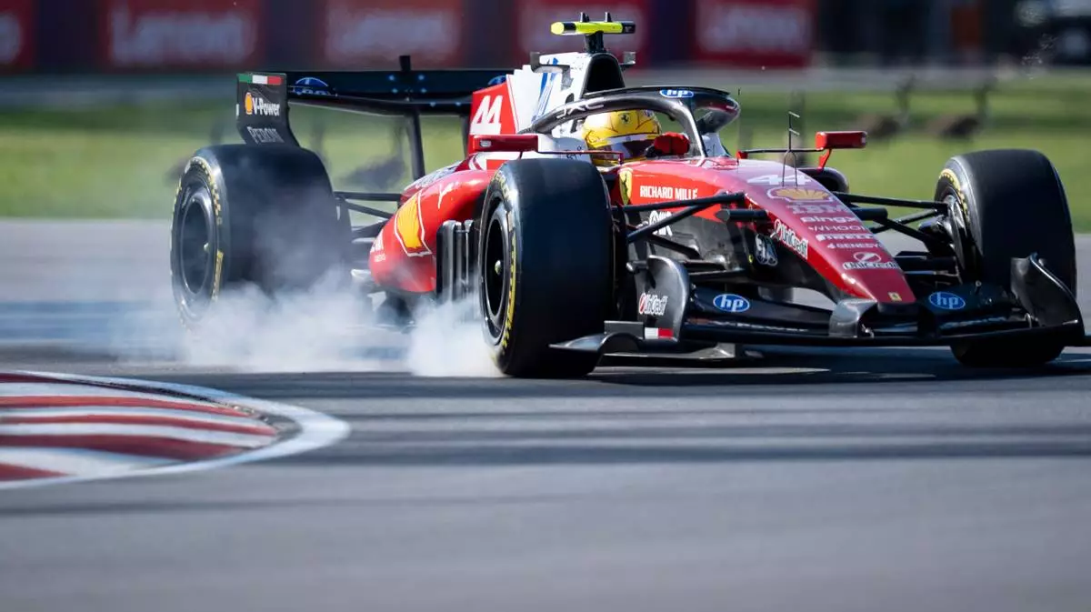 Ferrari driver Lewis Hamilton locks up his breaks during the qualifying session for the sprint race at the F1 Canadian Grand Prix auto race in Montreal, Friday, May 22, 2026. (Christopher Katsarov/The Canadian Press via AP)
