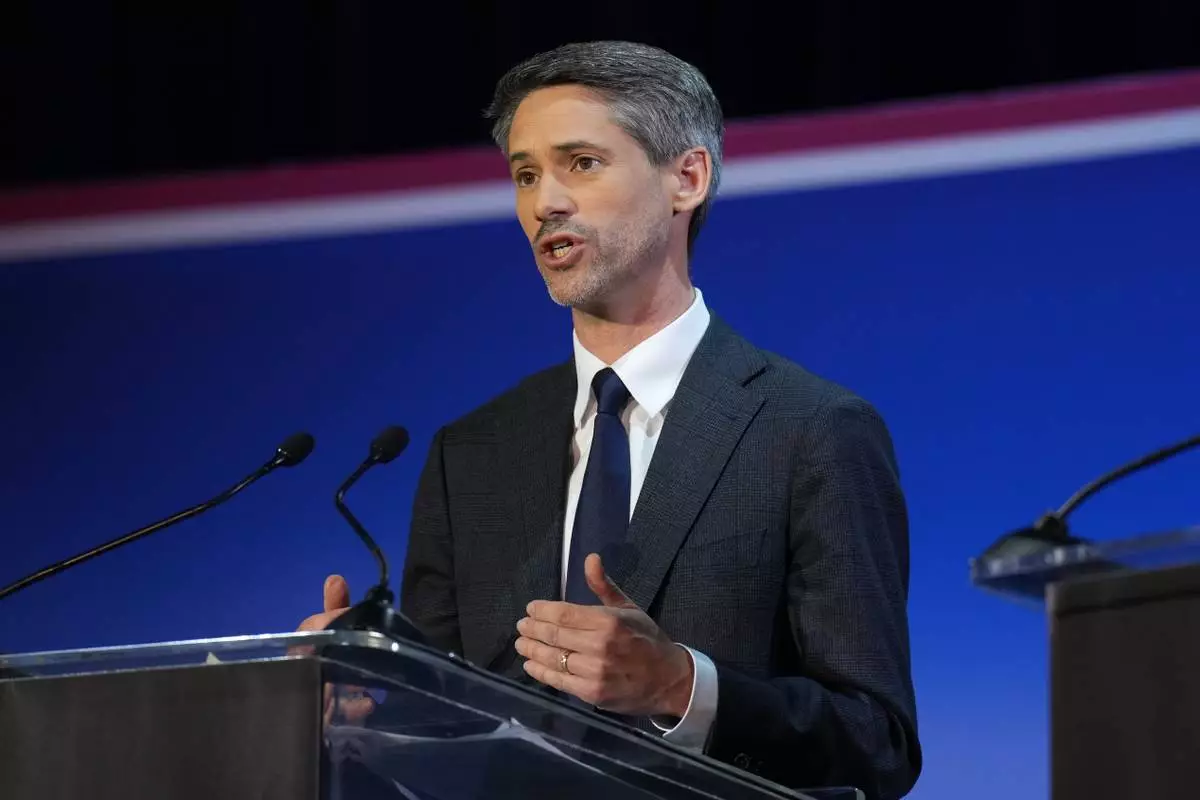 Matt Mahan speaks during a gubernatorial debate hosted by CBS LA at Pomona College in Claremont, Calif., Tuesday, April 28, 2026. (AP Photo/Jae C. Hong)