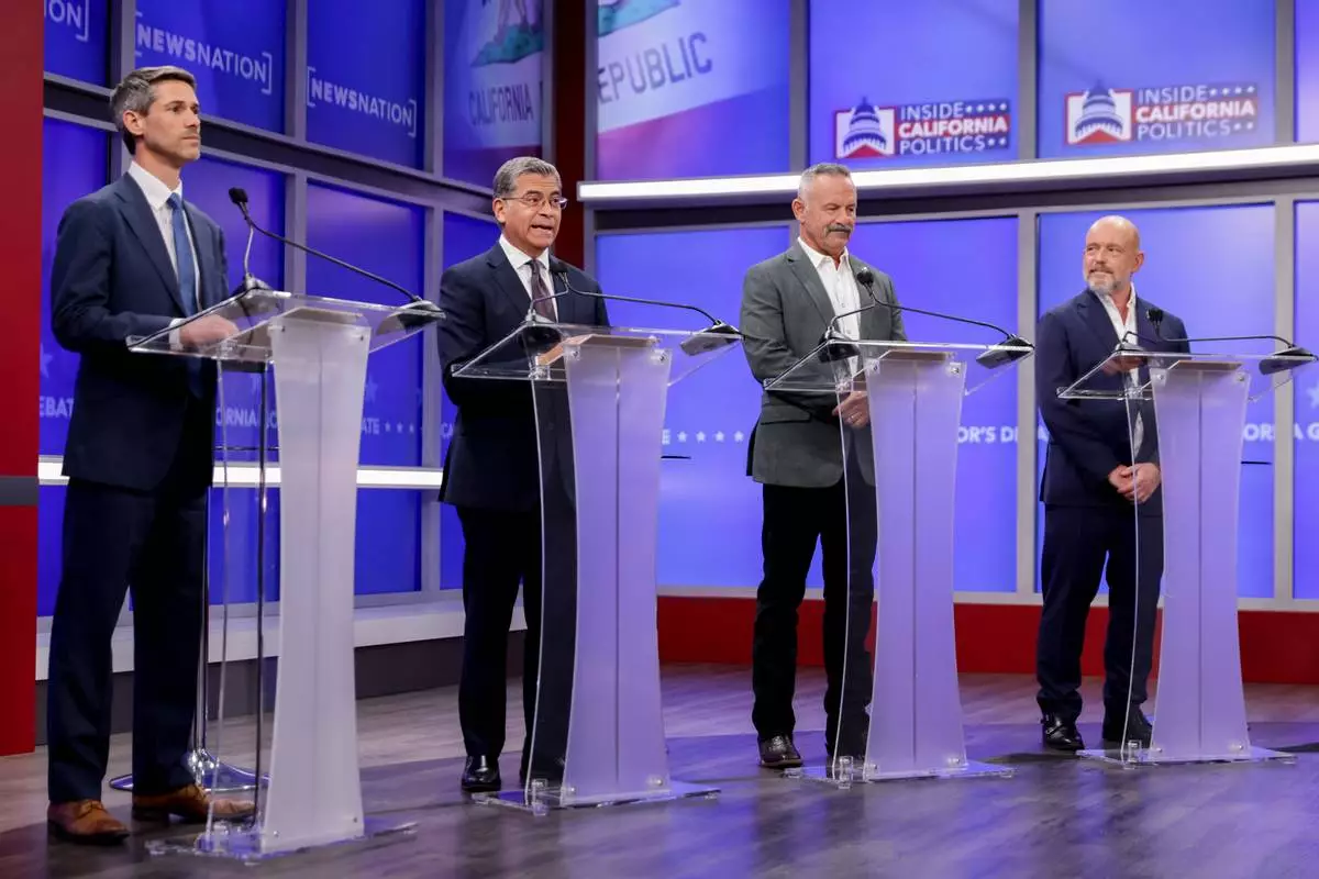 Candidates in California's gubernatorial race, from left, Matt Mahan, Xavier Becerra, Chad Bianco, and Steve Hilton look on during a gubernatorial debate hosted by Nexstar Wednesday, April 22, 2026, in San Francisco. (Jason Henry/Pool Photo via AP)