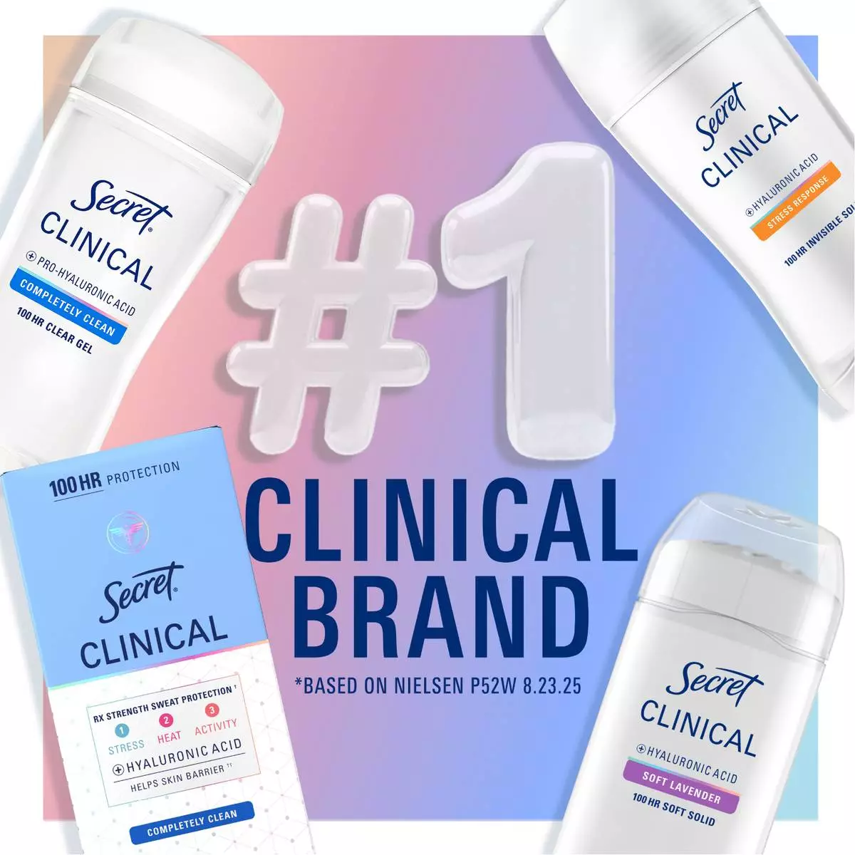 Secret Clinical Strength with Hyaluronic Acid provides clinically proven, 100-hour protection – even in 100-degrees Fahrenheit heat – the strongest level of protection against sweat and odor while being gentle on skin.