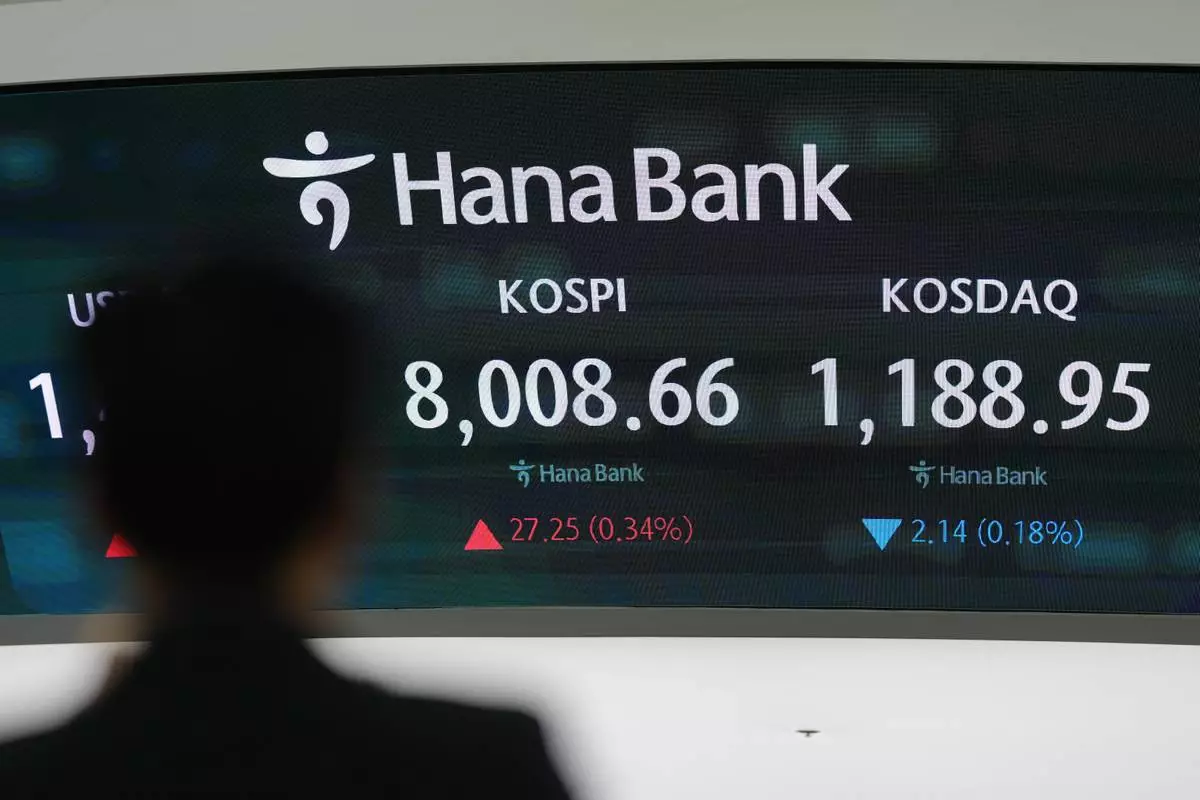A dealer stands near the screens showing the Korea Composite Stock Price Index (KOSPI), and the Korean Securities Dealers Automated Quotations (KOSDAQ) at a dealing room of Hana Bank in Seoul, South Korea, Friday, May 15, 2026. (AP Photo/Lee Jin-man)