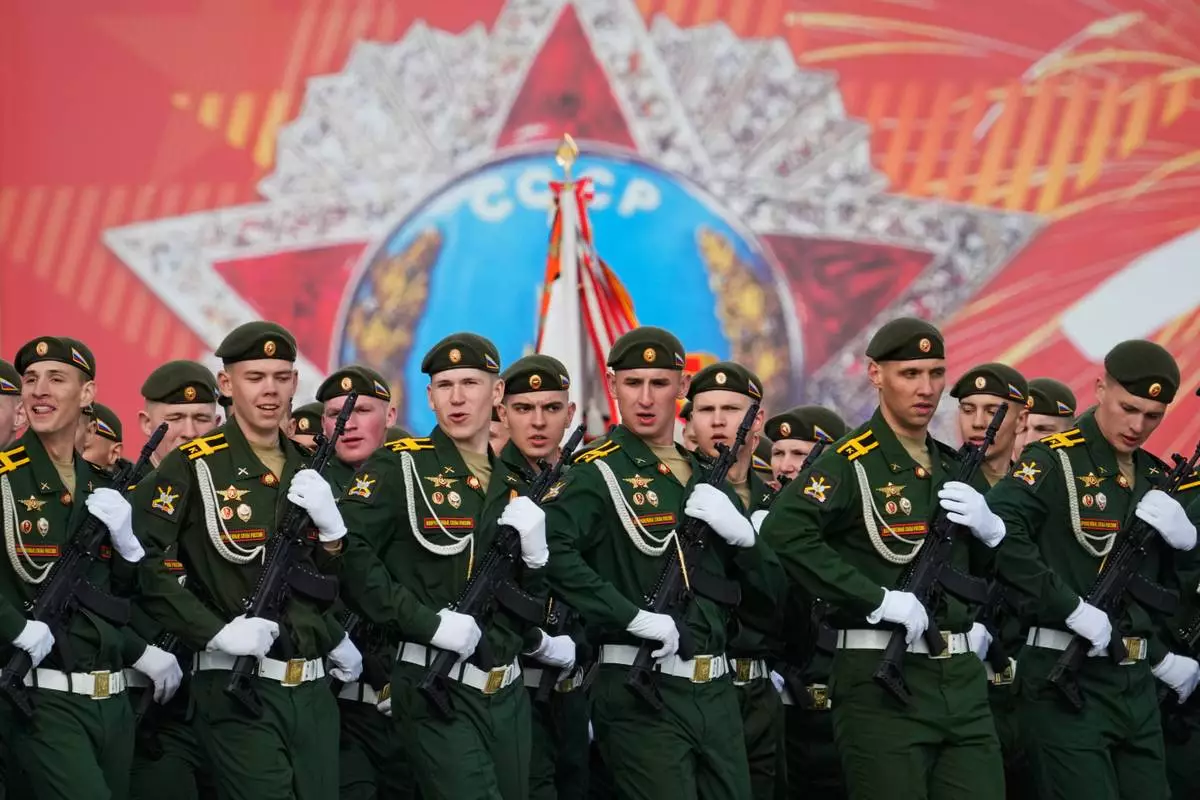 Troops march during a rehearsal for the Victory Day military parade at the Dvortsovaya (Palace) Square in St. Petersburg, Russia, Tuesday, May 5, 2026. (AP Photo/Dmitri Lovetsky)