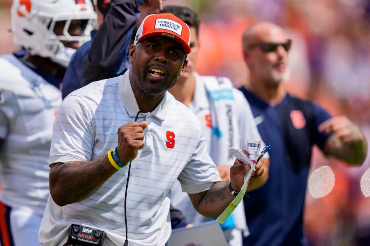 FILE - Syracuse head coach Fran Brown looks on against Clemson in the first half of an NCAA college football game Sept. 20, 2025, in Clemson, S.C. (AP Photo/Jacob Kupferman, File)