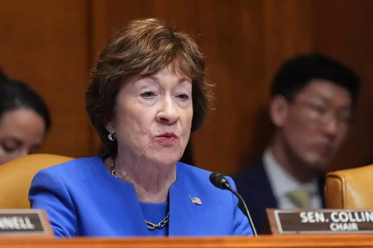 Sen. Susan Collins, R-Maine, questions Defense Secretary Pete Hegseth at a Senate Appropriations subcommittee on defense hearing on the budget request for the Department of Defense, Tuesday, May 12, 2026, in Washington. (AP Photo/Alex Brandon)