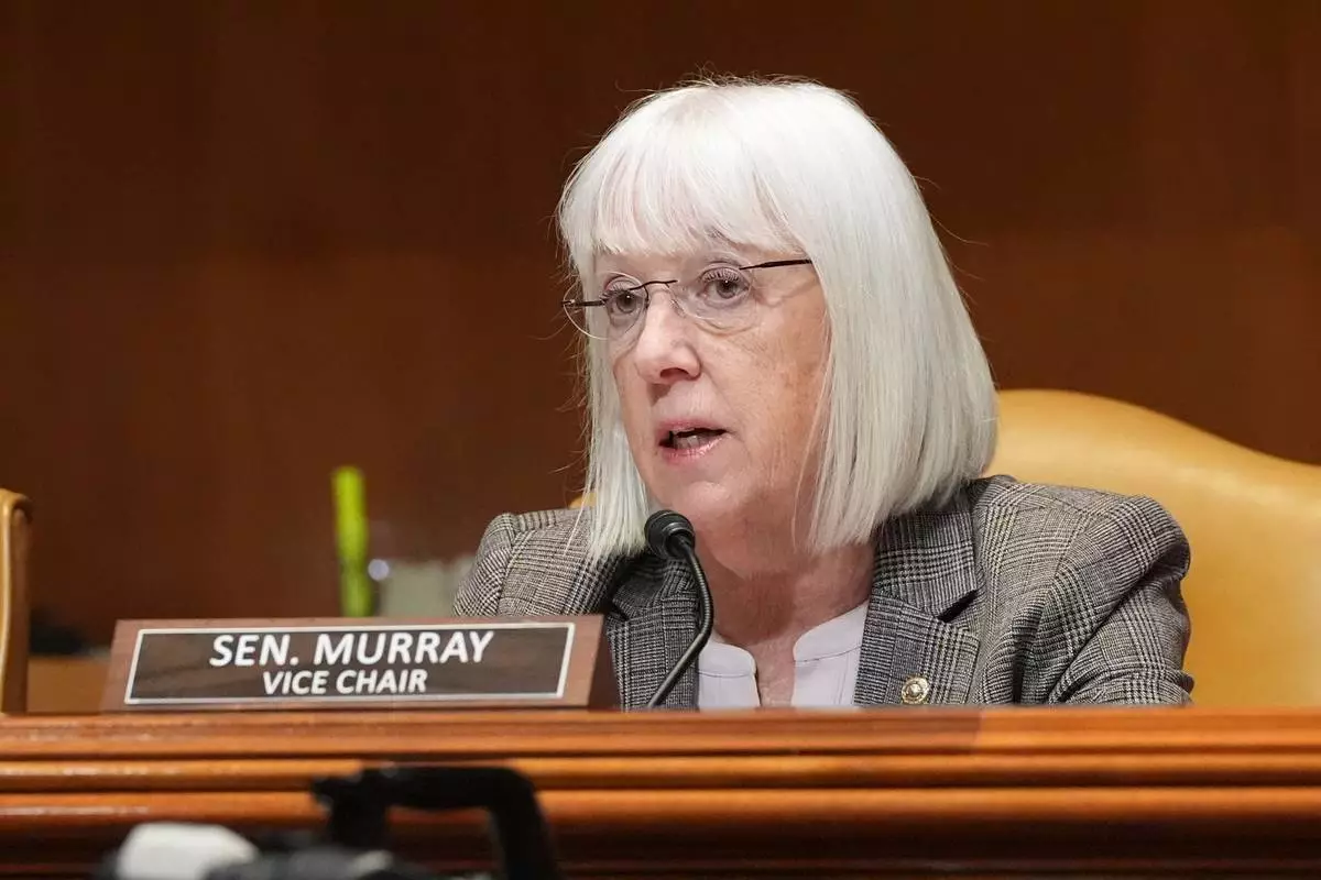 Sen. Patty Murray, D-Wash., questions Defense Secretary Pete Hegseth at a Senate Appropriations subcommittee on defense hearing on the budget request for the Department of Defense, Tuesday, May 12, 2026, in Washington. (AP Photo/Alex Brandon)