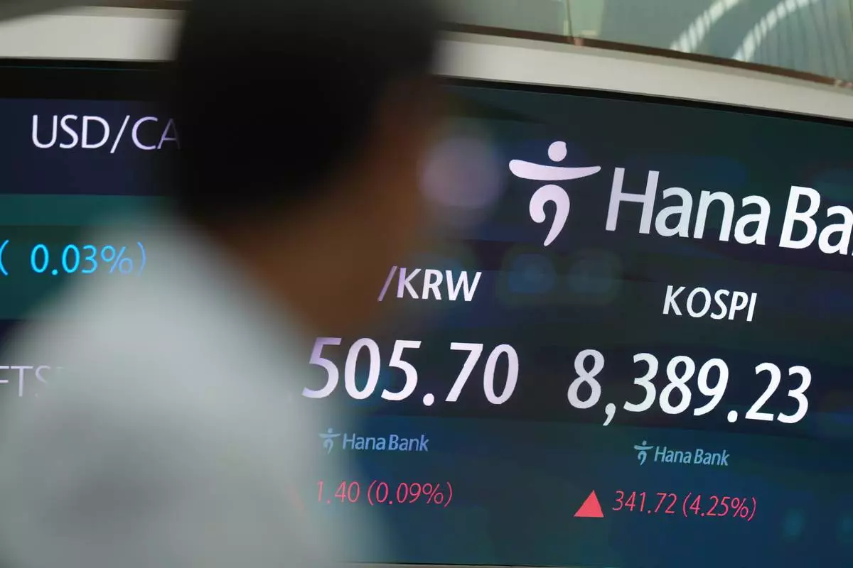 A dealer walks past near the screens showing the Korea Composite Stock Price Index (KOSPI) and the foreign exchange rate between U.S. dollar and South Korean won at a dealing room of Hana Bank in Seoul, South Korea, Wednesday, May 27, 2026. (AP Photo/Lee Jin-man)