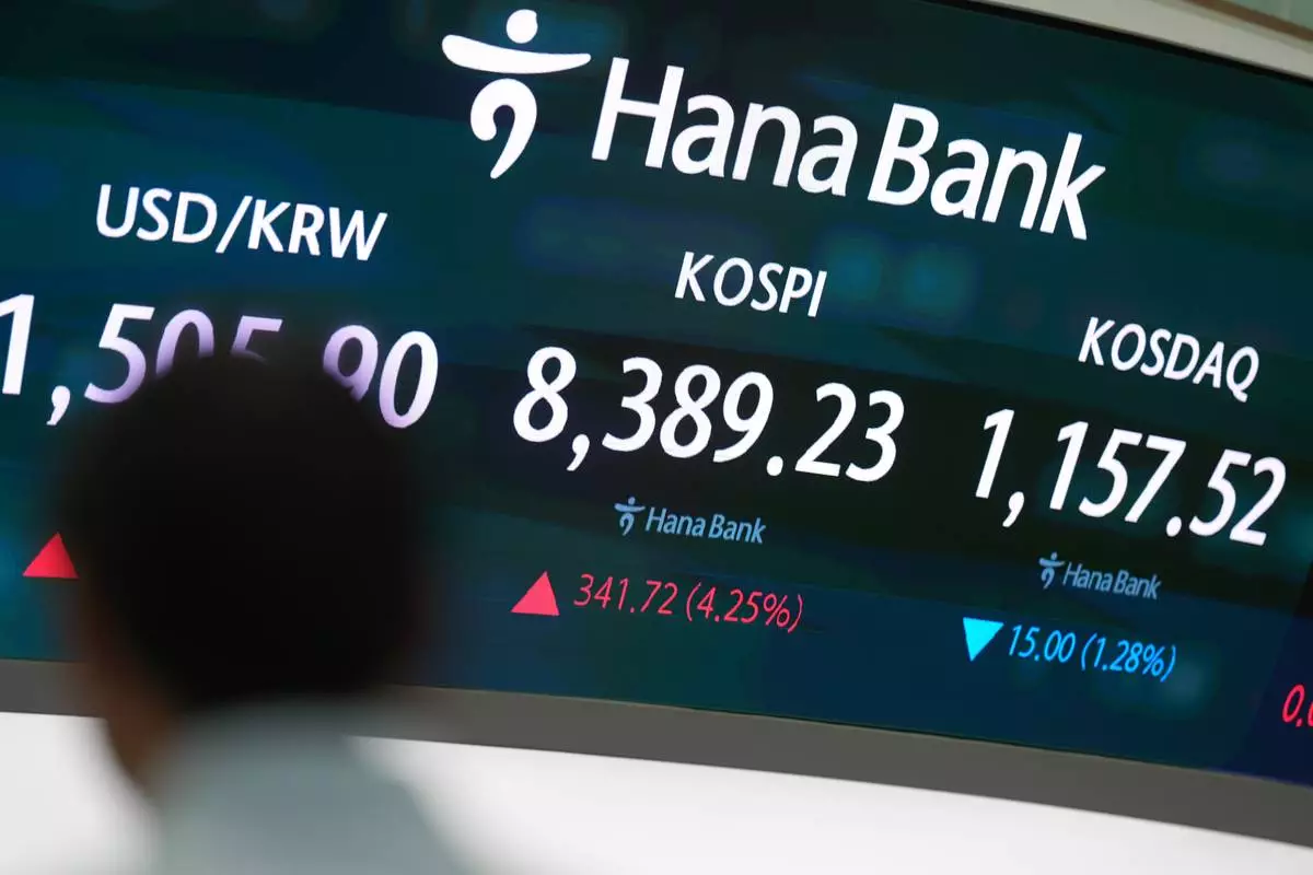 A dealer stands near the screens showing the Korea Composite Stock Price Index (KOSPI), the foreign exchange rate between U.S. dollar and South Korean won and the Korean Securities Dealers Automated Quotations (KOSDAQ) at a dealing room of Hana Bank in Seoul, South Korea, Wednesday, May 27, 2026. (AP Photo/Lee Jin-man)
