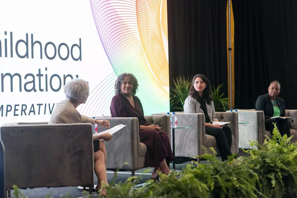 From left, Sherry Cleary, retired Dean of Early Childhood Initiatives at City University of New York, and Educare Network National Board Chair; Lisa Roy, Executive Director of the Colorado Department of Early Childhood; Krystal Reyes, Deputy Mayor of the City of Tulsa; and Marica Cox-Mitchell, Chief Program Officer of the Bainum Family Foundation, discuss early childhood systems change during "Early Childhood Transformation: A National Imperative" during the Catalyst 26: Educare Network National Summit on Tuesday, May 12, 2026 in Tulsa, Oklahoma. The panel explored how to move from fragmented approaches to a more aligned, durable system that expands opportunity for children and families nationwide.