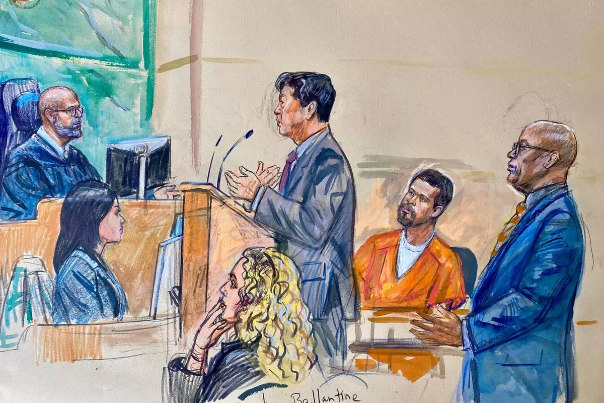 This courtroom sketch depicts Cole Tomas Allen, second from right, listening as his attorney Eugene Ohm, left, speaks to U.S. Magistrate Judge Zia Faruqui, Monday, May 4, 2026, in Washington, as Tony Towns, the acting general counsel for the District of Columbia Department of Corrections, right, and assistant U.S. Attorney Jocelyn Ballantine, lower center, listen. (Dana Verkouteren via AP)
