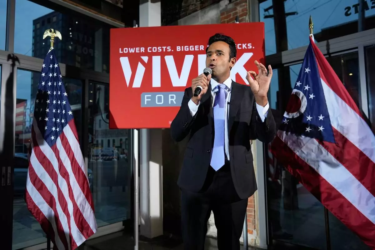 Republican Ohio gubernatorial candidate Vivek speaks during a watch party at the Spruce St. Sporting sports bar after winning the party's nomination for governor Tuesday, May 5, 2026, in Columbus. (AP Photo/Carolyn Kaster)
