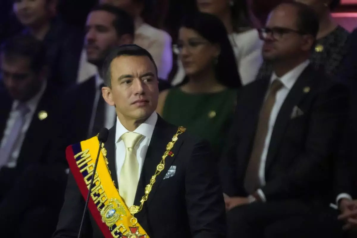 President Daniel Noboa delivers his State of the Nation address at the National Assembly.in Quito, Ecuador, Sunday, May 24, 2026. (AP Photo/Dolores Ochoa)
