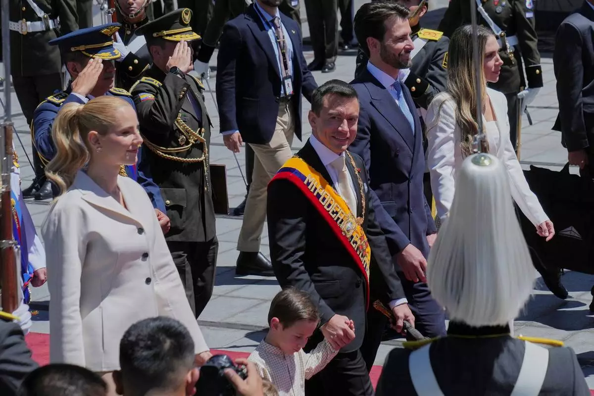 President Daniel Noboa leaves the National Assembly after delivering his State of the Nation address at the National Assembly in Quito, Ecuador, Sunday, May 24, 2026. (AP Photo/Dolores Ochoa)