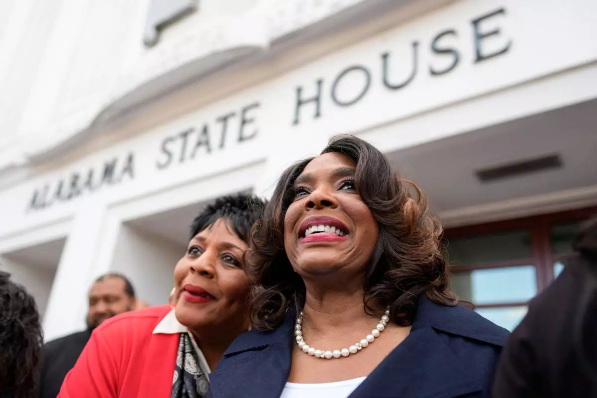 U.S. Rep. Terri Sewell, D-Ala., speaks outside the Alabama state house during a special session of the Alabama Legislature, Tuesday, May 5, 2026, in Montgomery, Ala. (AP Photo/Mike Stewart)