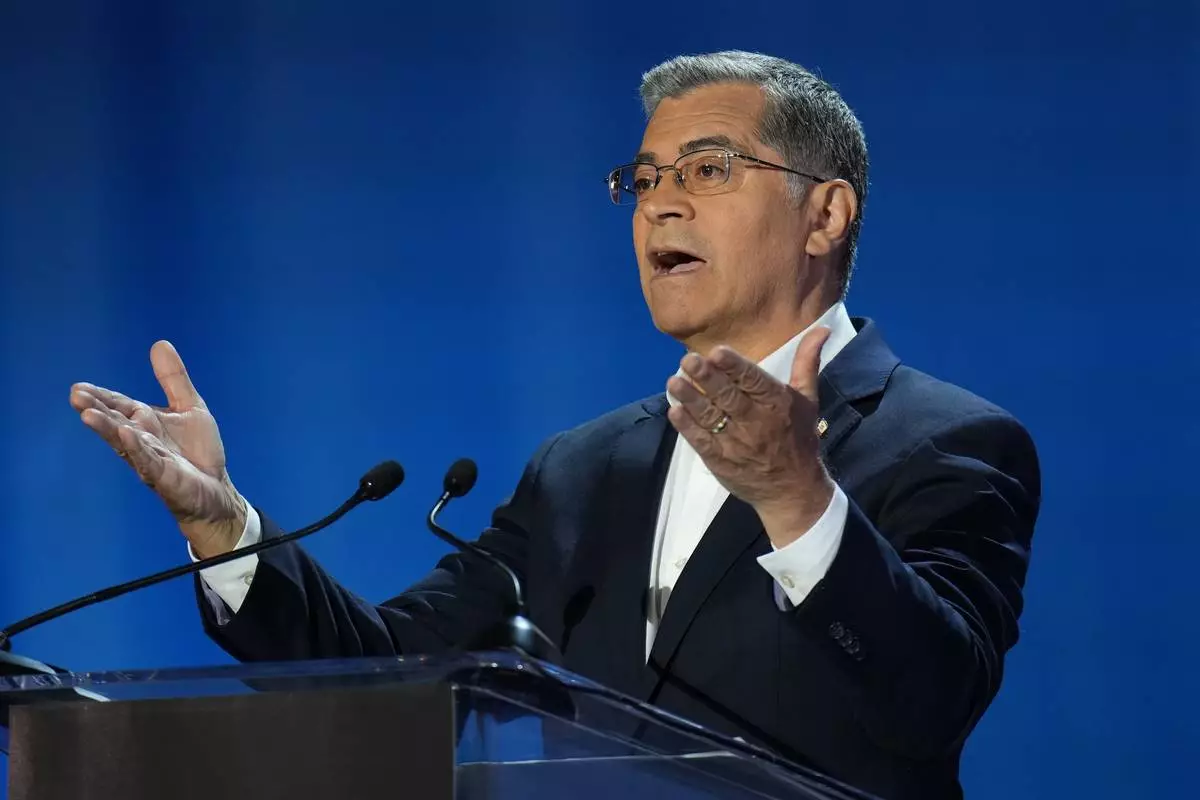 Xavier Becerra speaks during a gubernatorial debate hosted by CBS LA at Pomona College in Claremont, Calif., Tuesday, April 28, 2026. (AP Photo/Jae C. Hong)