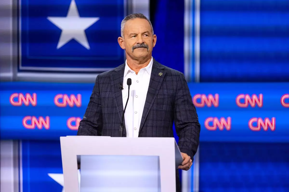 Chad Bianco participates in a California gubernatorial debate hosted by CNN at East Los Angeles College in Monterey Park, Calif. Tuesday, May 5, 2026. (AP Photo/Ethan Swope)