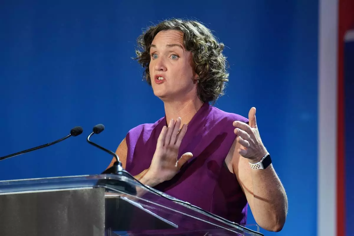 Katie Porter speaks during a California gubernatorial debate hosted by CBS LA at Pomona College in Claremont, Calif., Tuesday, April 28, 2026. (AP Photo/Jae C. Hong)