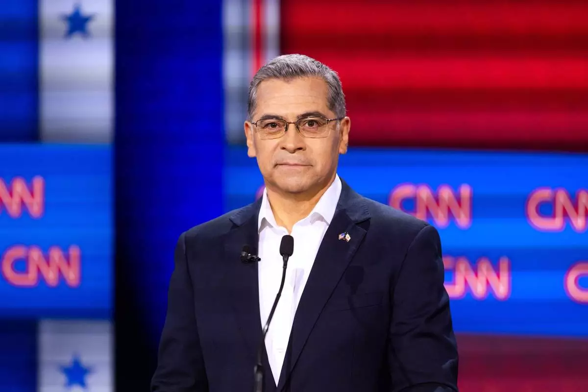 Xavier Becerra participates in a California gubernatorial debate hosted by CNN at East Los Angeles College in Monterey Park, Calif. Tuesday, May 5, 2026. (AP Photo/Ethan Swope)
