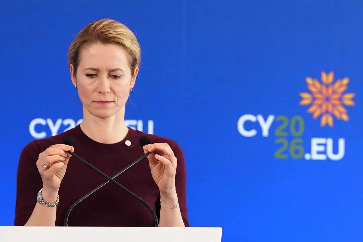 European Union foreign policy chief Kaja Kallas talks to the media after the Informal meeting of EU Foreign ministers, in the port city of Limassol, Cyprus, Thursday, May 28, 2026. (AP Photo/Petros Karadjias)