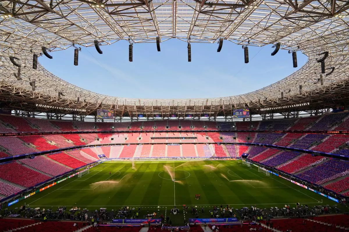 Generel view of the Puskas Arena a day ahead of the Champions League final soccer match between Paris Saint-Germain and Arsenal in Budapest, Hungary, Friday, May 29, 2026. (AP Photo/Vadim Ghirda)