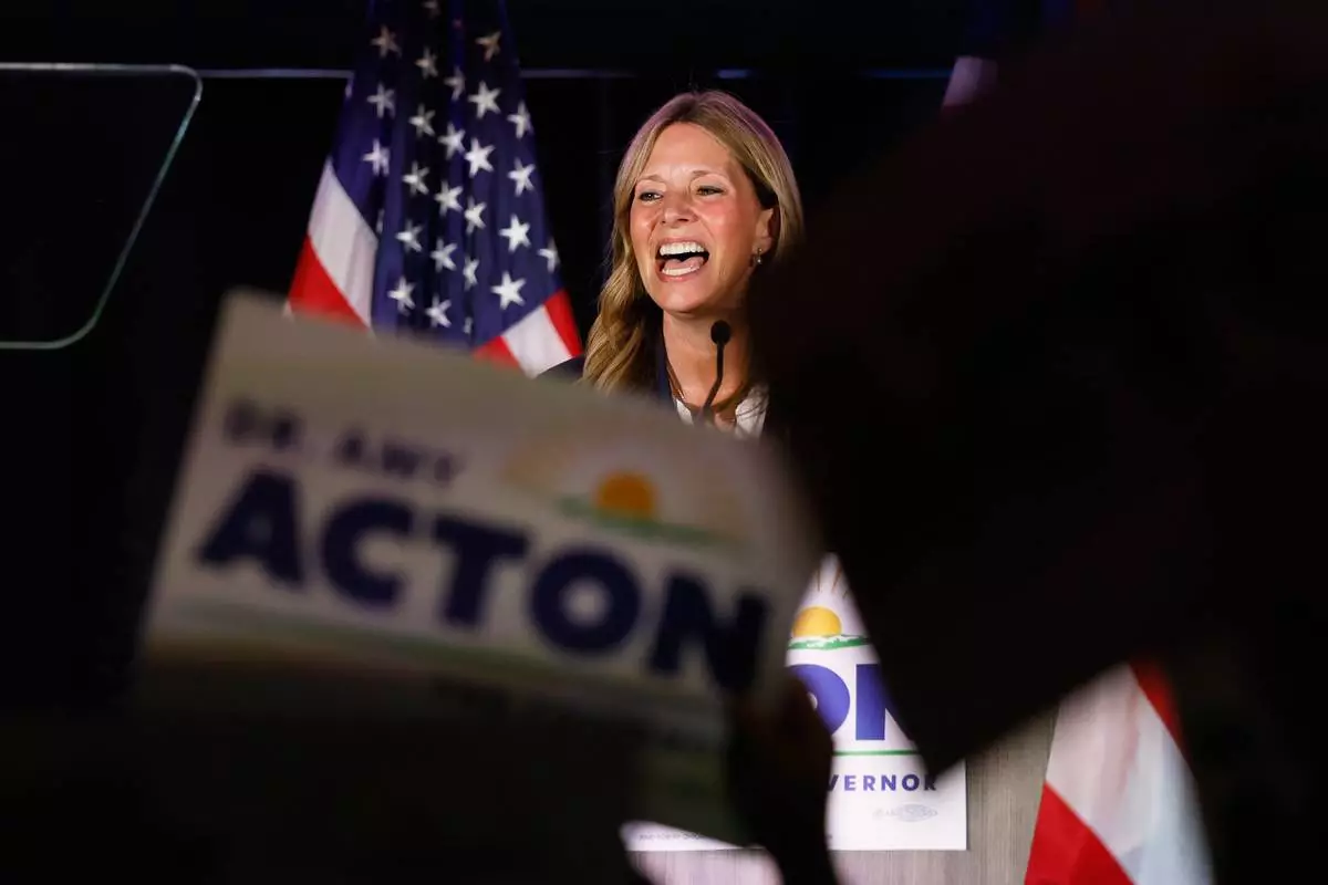 Democratic gubernatorial candidate Dr. Amy Acton speaks at a primary election night campaign event after winning the party's nomination for governor in Columbus, Ohio, Tuesday, May 5, 2026. (AP Photo/Jay LaPrete)