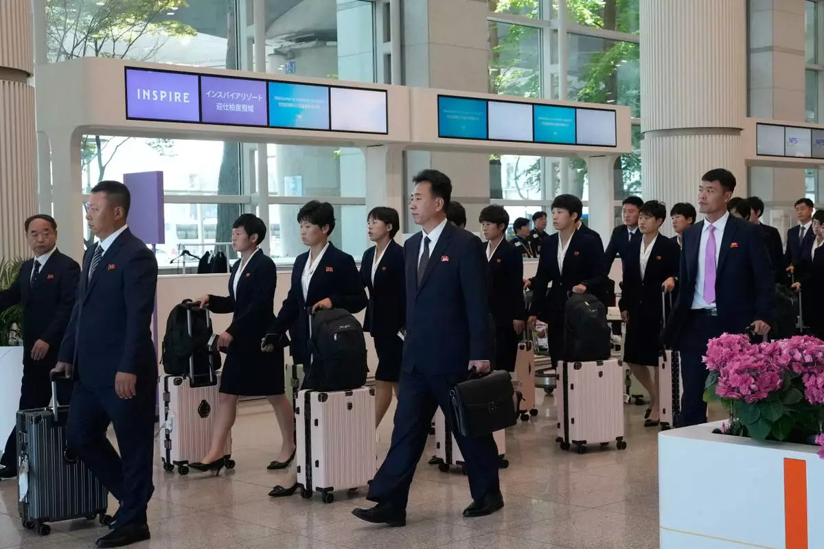 North Korean soccer club Naegohyang Women's FC team arrives for the semifinals of the AFC Women's Champions League at Incheon International Airpot in Incheon, South Korea Sunday, May 17, 2026. (AP Photo/Ahn Young-joon)