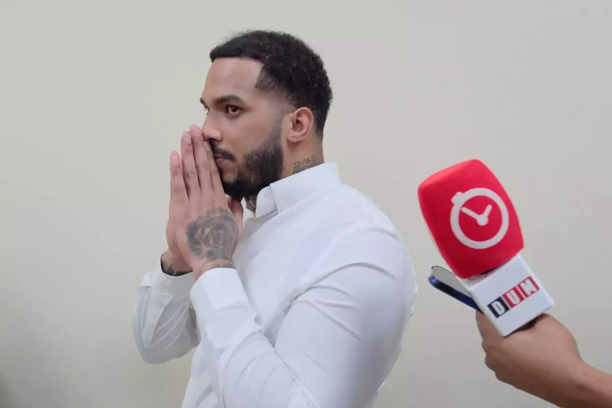 Tampa Bay Rays shortstop Wander Franco gestures in court at the end of his trial on charges of sexually abusing a minor in Puerto Plata, Dominican Republic, Monday, May 25, 2026. (AP Photo/Ricardo Hernandez)