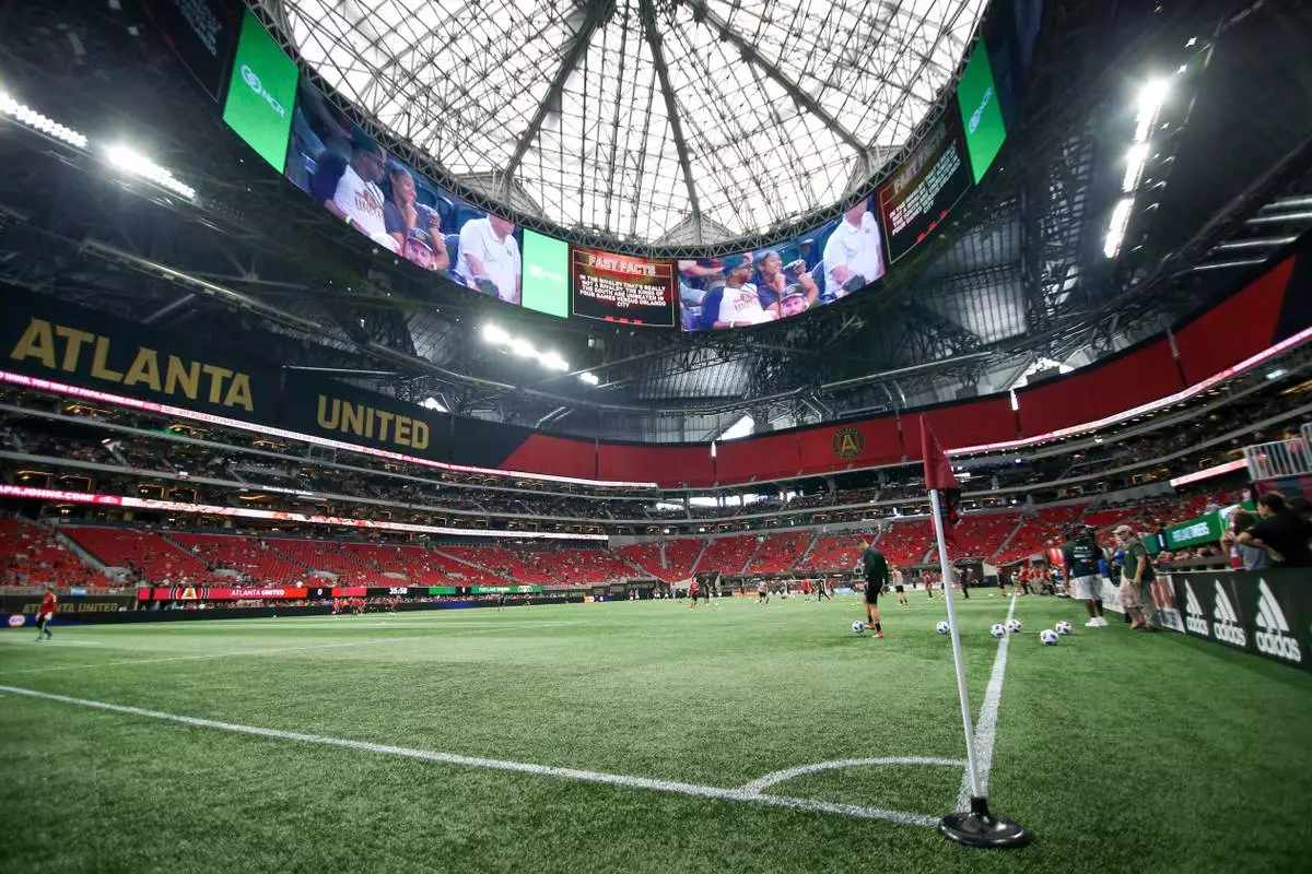 FILE - General view of Mercedes-Benz Stadium before an MLS soccer match between Atlanta United and the Portland Timbers Sunday, June 24, 2018, in Atlanta, Ga. (AP Photo/Brett Davis, File)
