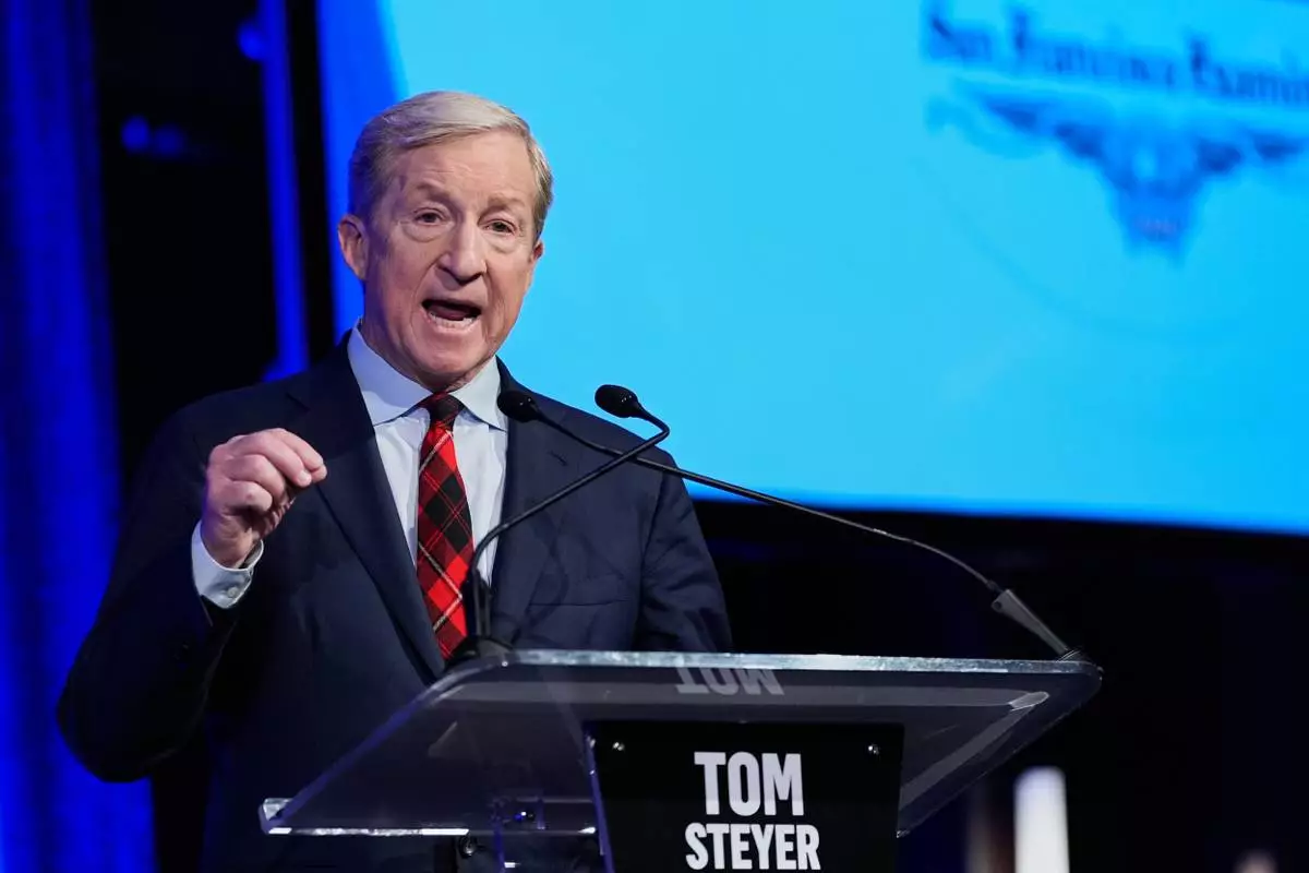 Tom Steyer speaks during a California gubernatorial debate in San Francisco, Thursday, May 14, 2026. (AP Photo/Godofredo A. Vásquez, Pool)