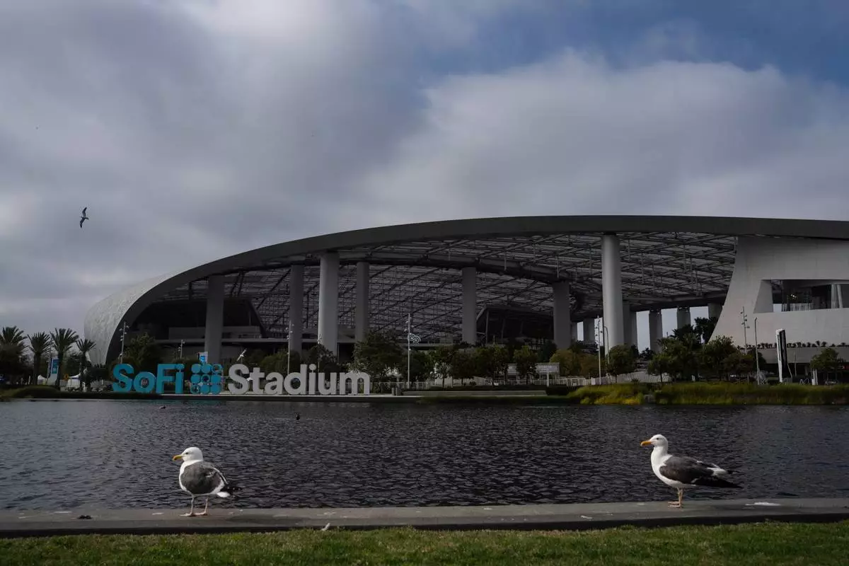 Seagulls rest by the lake outside SoFi Stadium in Inglewood, Calif., May 8, 2026. (AP Photo/Jae C. Hong)
