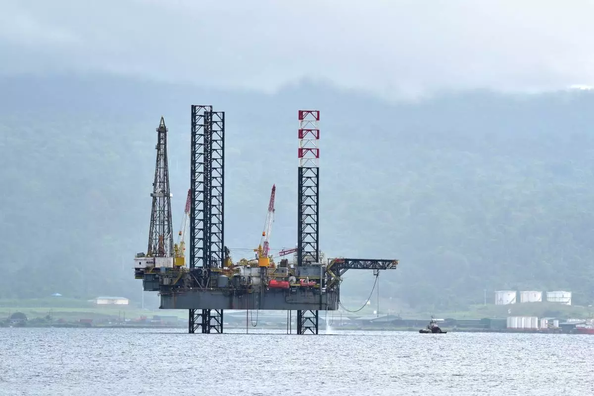 A drilling rig in Luba, Equatorial Guinea, Saturday, April 25, 2026. (AP Photo/Misper Apawu)