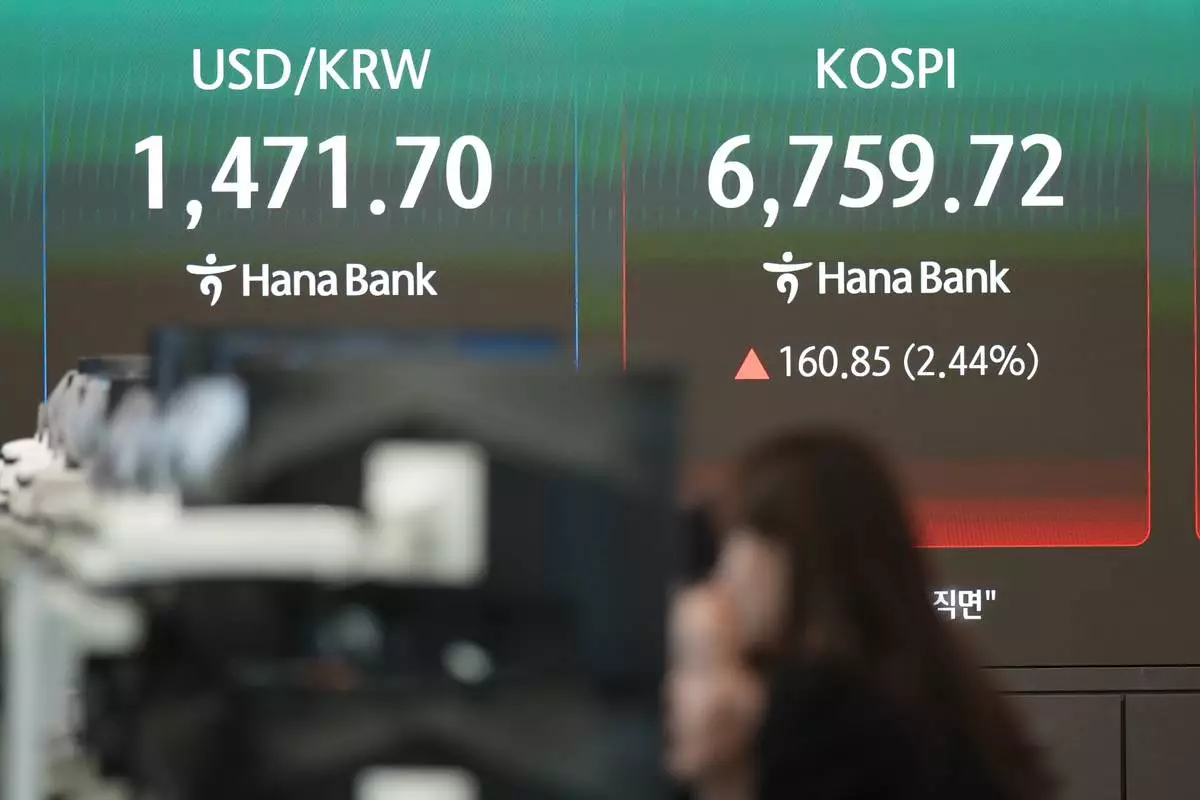 Dealers watch computer monitors near the screens showing the Korea Composite Stock Price Index (KOSPI) and the foreign exchange rate between U.S. dollar and South Korean won at a dealing room of Hana Bank in Seoul, South Korea, Monday, May 4, 2026. (AP Photo/Lee Jin-man)