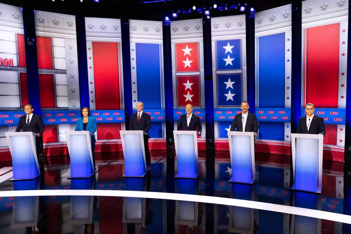 Antonio Villaraigosa, Katie Porter, Tom Steyer, Steve Hilton, Chad Bianco and Xavier Becerra participate in a California gubernatorial debate hosted by CNN at East Los Angeles College in Monterey Park, Calif. Tuesday, May 5, 2026. (AP Photo/Ethan Swope)