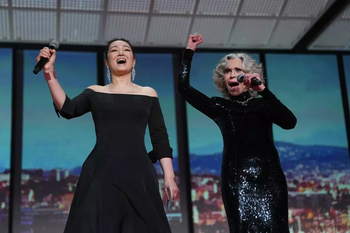Gong Li, left, and Jane Fonda appear during the opening ceremony of the 79th international film festival, Cannes, southern France, Tuesday, May 12, 2026. (Photo by Scott A Garfitt/Invision/AP)