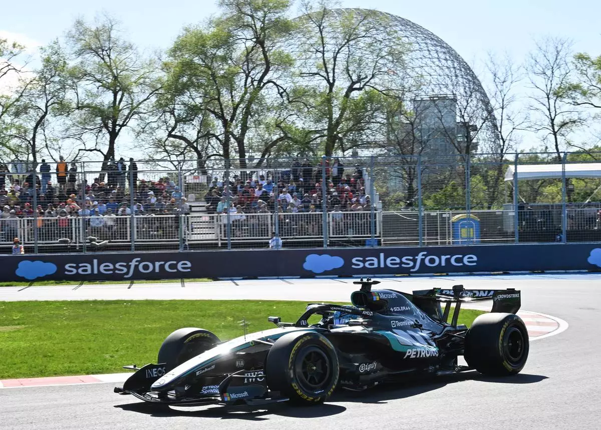 Mercedes driver George Russell of Britain drives during the qualifying session for the sprint race at the F1 Canadian Grand Prix auto race in Montreal, Friday, May 22, 2026. (Jacques Boissinot/The Canadian Press via AP)