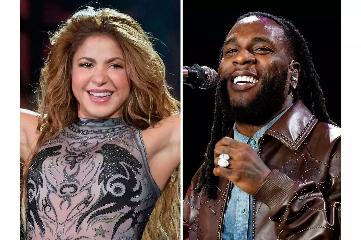 Shakira performs during the Global Citizen Festival in New York on Sept. 27, 2025, left, and Burna Boy performs during the Glastonbury Festival in Somerset, England, on June 30, 2024. (AP Photo)