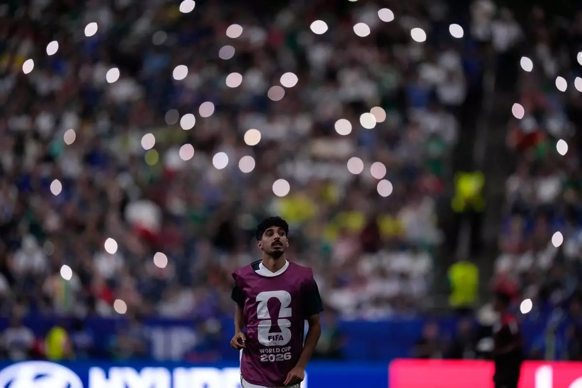 Saudi Arabia's Ziyad Aljohani (16) warms up during a half time break for the World Cup Group H soccer match between Cape Verde and Saudi Arabia in Houston, Friday, June 26, 2026. (AP Photo/Ashley Landis)