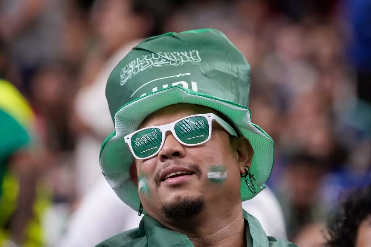 A Saudi Arabia fan shows his support prior to a World Cup Group H soccer match between Cape Verde and Saudi Arabia in Houston, Friday, June 26, 2026. (AP Photo/David J. Phillip)