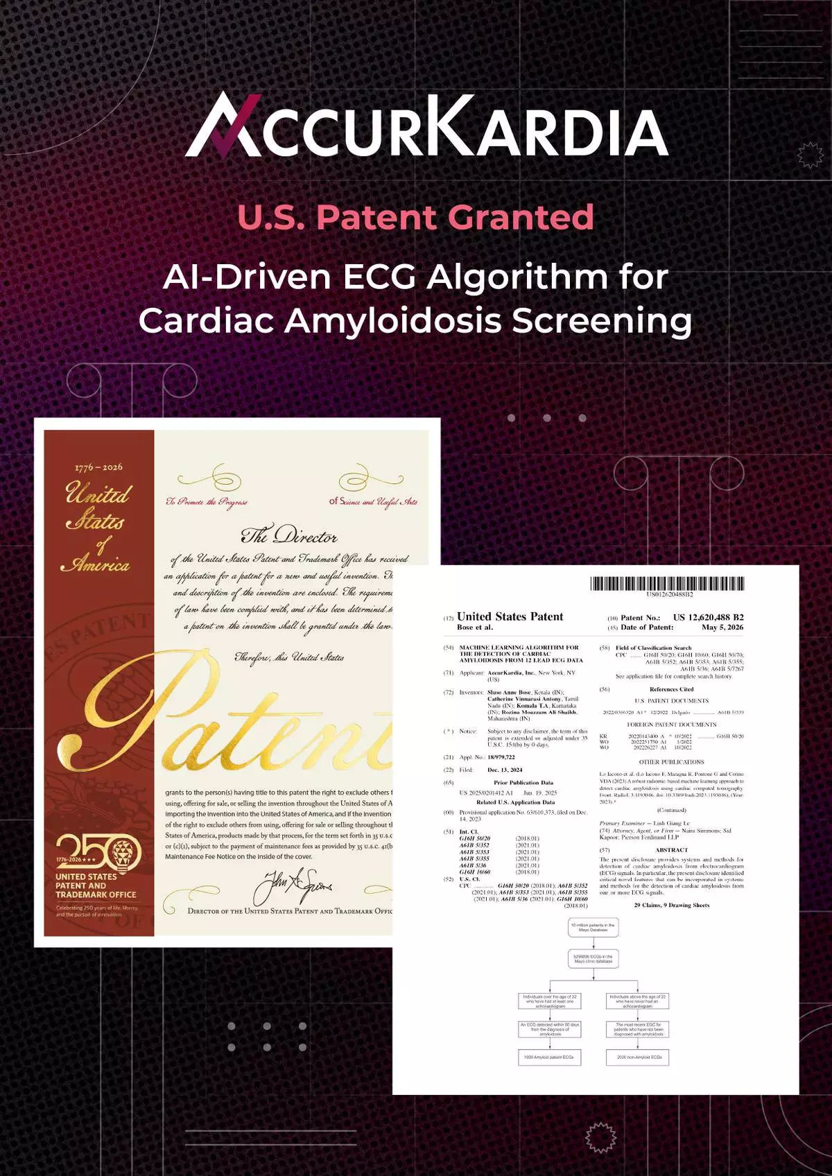 AccurKardia’s patent establishes its intellectual property foundation across all major amyloidosis subtypes, including AL amyloidosis and wild-type and hereditary ATTR amyloidosis. It joins a growing pipeline of AccurKardia AI-ECG biomarkers that includes FDA Breakthrough Device-designated algorithms for aortic stenosis (AK-AVS™) and hyperkalemia (AK+ Guard™), alongside the company's FDA-cleared automated ECG interpretation platform, AccurECG™ 2.0.