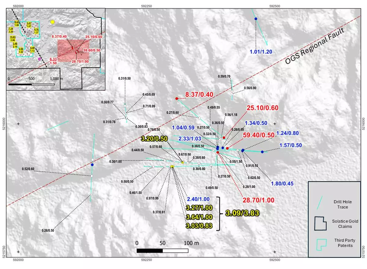 Figure 1: Plan view of Solstice’s 2026 drill results at the Red Cedar Zone. Widespread anomalous gold is observed throughout along with local high-grade and visible gold. Map Inset contains historical drilling data at the Leckie Gold Zone on Solstice claims, shown in yellow – see reference to Historical Sampling and Drilling Data and Information below.