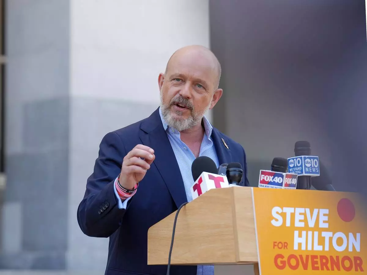 California Republican gubernatorial candidate Steve Hilton speaks to reporters outside the Capitol in Sacramento, Calif., Wednesday, June 3, 2026. (AP Photo/Rich Pedroncelli)