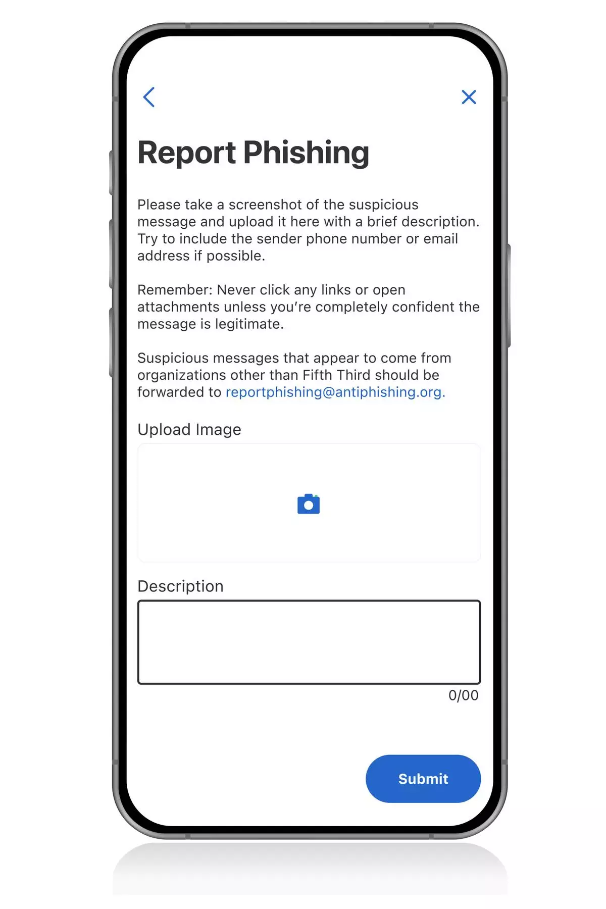 Fifth Third users can submit images of suspicious texts directly in the mobile app and receive confirmation of its legitimacy.