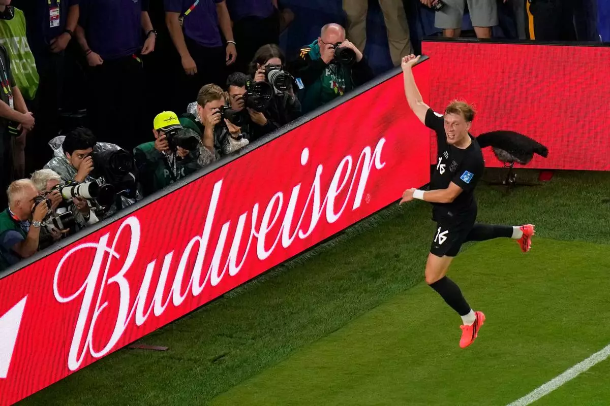 Norway's Marcus Holmgren Pedersen (16) celebrates after scoring his side's first goal during the World Cup Group I soccer match between Norway and Senegal in East Rutherford, N.J., near New York, Monday, June 22, 2026. (AP Photo/Seth Wenig)