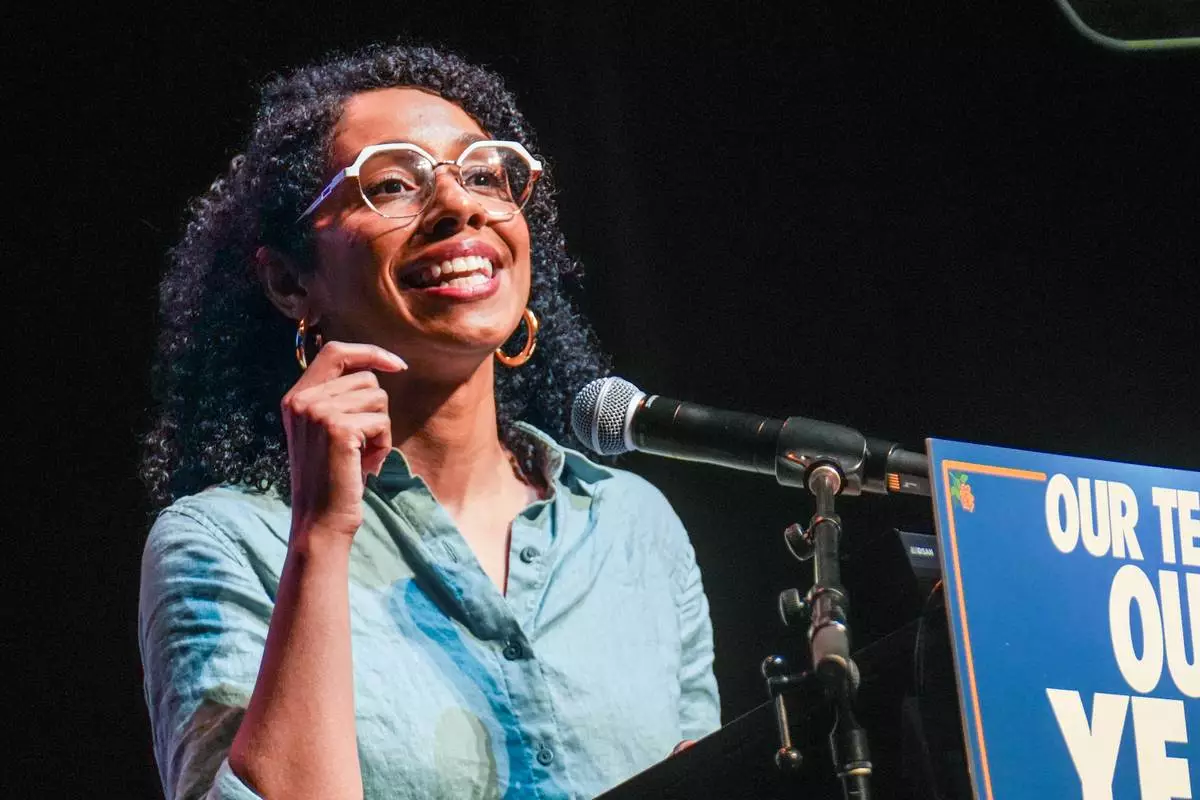 Democratic congressional candidate Darializa Avila Chevalier speaks during a Get Out The Vote rally ahead of New York's primary election, Thursday, June 18, 2026, in the Brooklyn borough of New York. (AP Photo/Ryan Murphy)