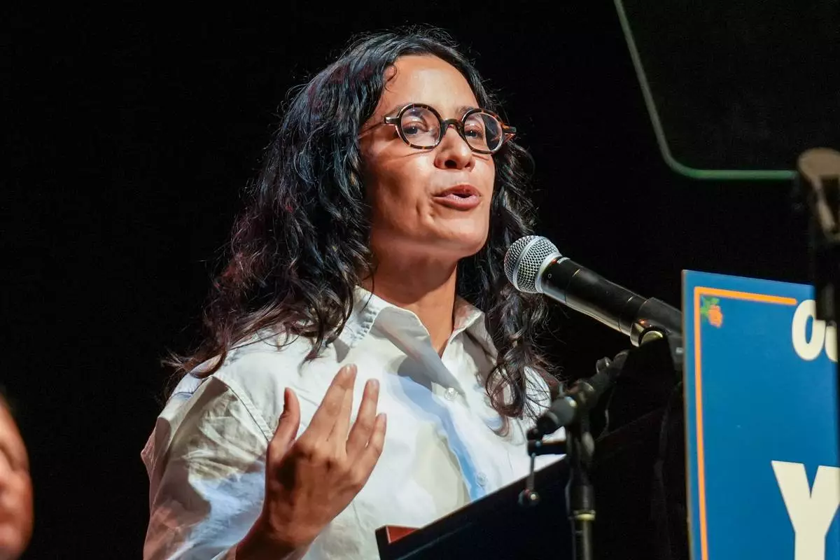 Democratic congressional candidate Claire Valdez speaks during a Get Out The Vote rally ahead of New York's primary election, Thursday, June 18, 2026, in the Brooklyn borough of New York. (AP Photo/Ryan Murphy)