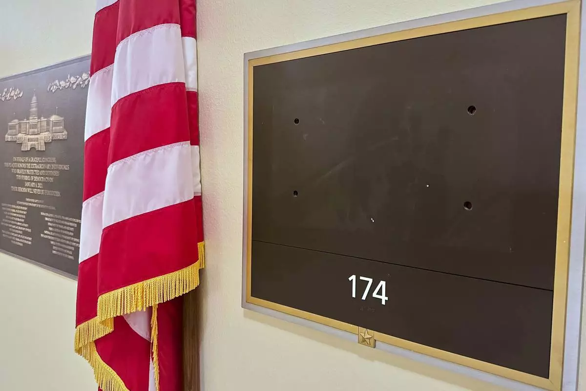 FILE - The name plate of Rep. Eric Swalwell, D-Calif., has been removed from his former office, April 15, 2026, on Capitol Hill in Washington. (AP Photo/Nathan Ellgren, File)