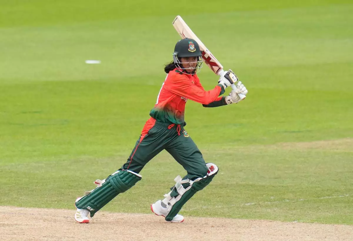 Shorna Akter of Bangladesh bats during the ICC Women's T20 World Cup match between Pakistan and Bangladesh, at the Hampshire Bowl, Southampton, England, Saturday June 20, 2026. (Andrew Matthews/PA via AP)