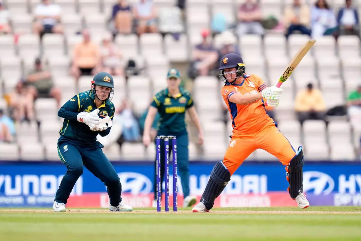 Sterre Kalis of the Netherlands bats during the Women's T20 World Cup match between Australia and Netherlands in Southampton, England, Saturday June 20, 2026. (Andrew Matthews/PA via AP)
